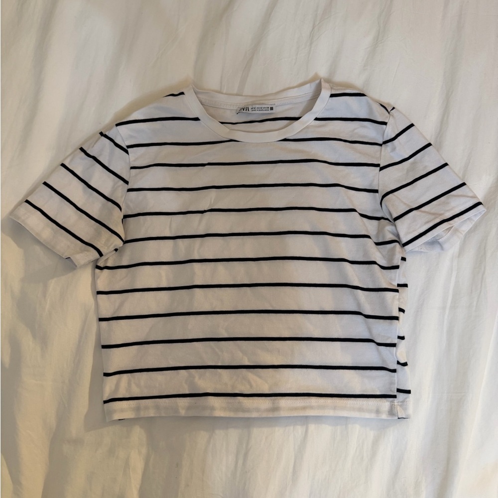 Zara Striped White and Black T-Shirt